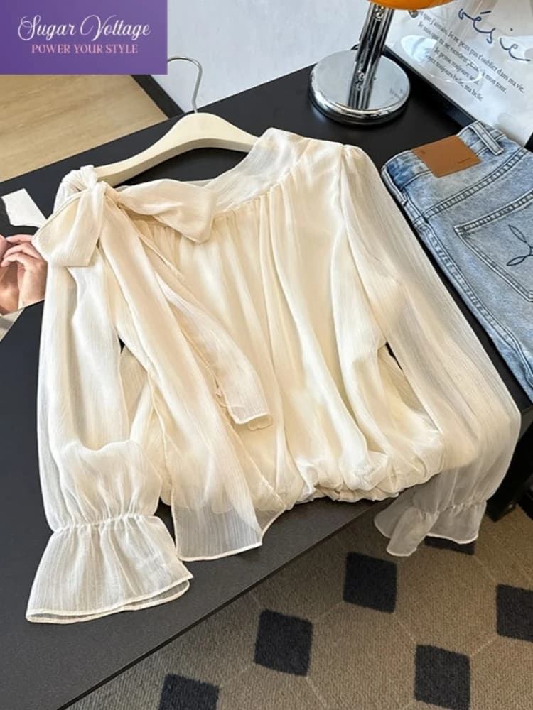 Camicetta in chiffon autunno francese elegante con spalle scoperte Camicetta casual da ufficio ampia con maniche lunghe autunnali e maniche svasate