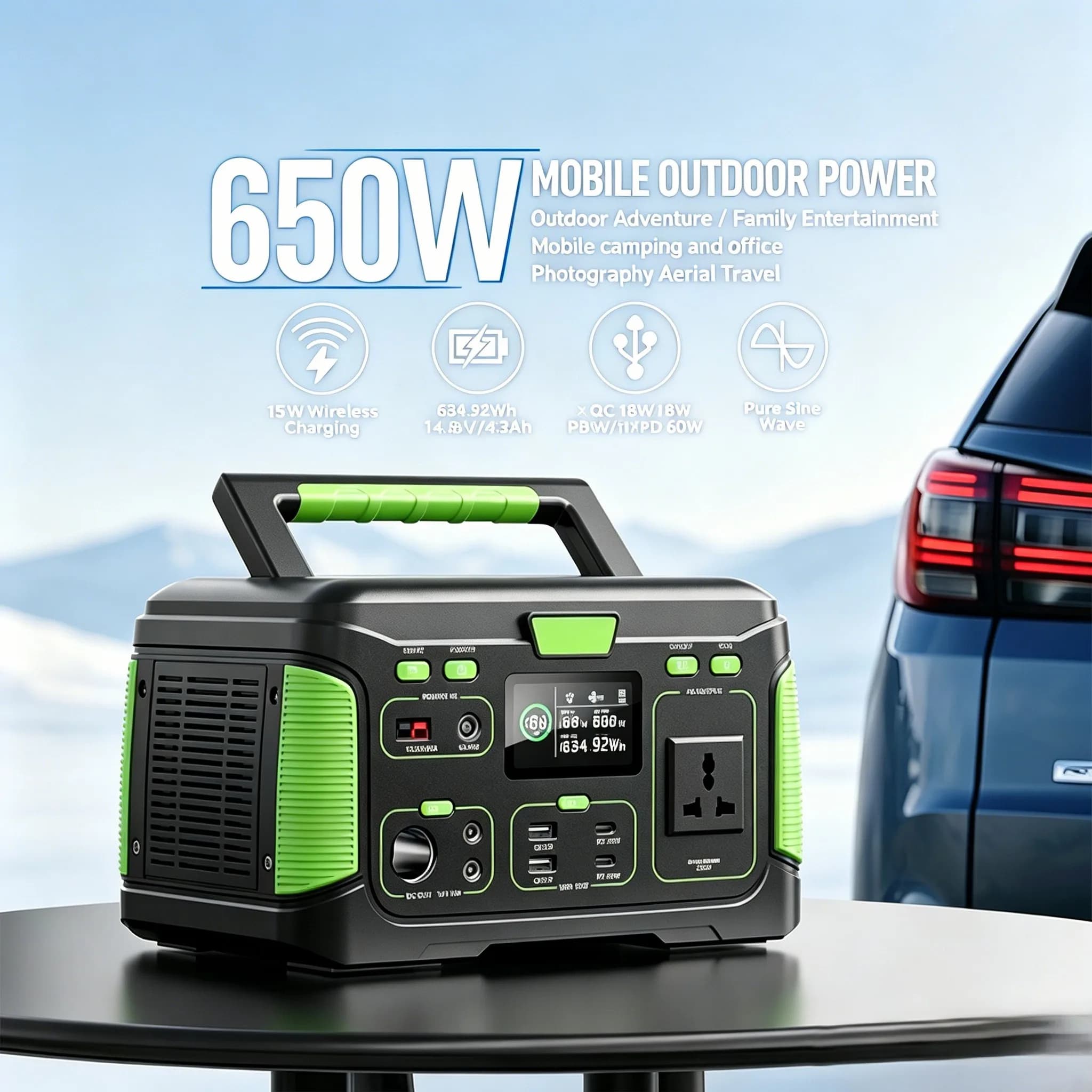 650W 634.92Wh High-Capacity LiFePO4 Portable Power Bank Station Pure Sine Wave