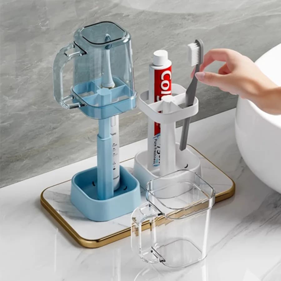 Set di 1 Portaspazzolino con Bicchiere | Bicchiere per collutorio e organizer 2 in 1 | Salvaspazio | Per Studenti, Coppie, Bagno