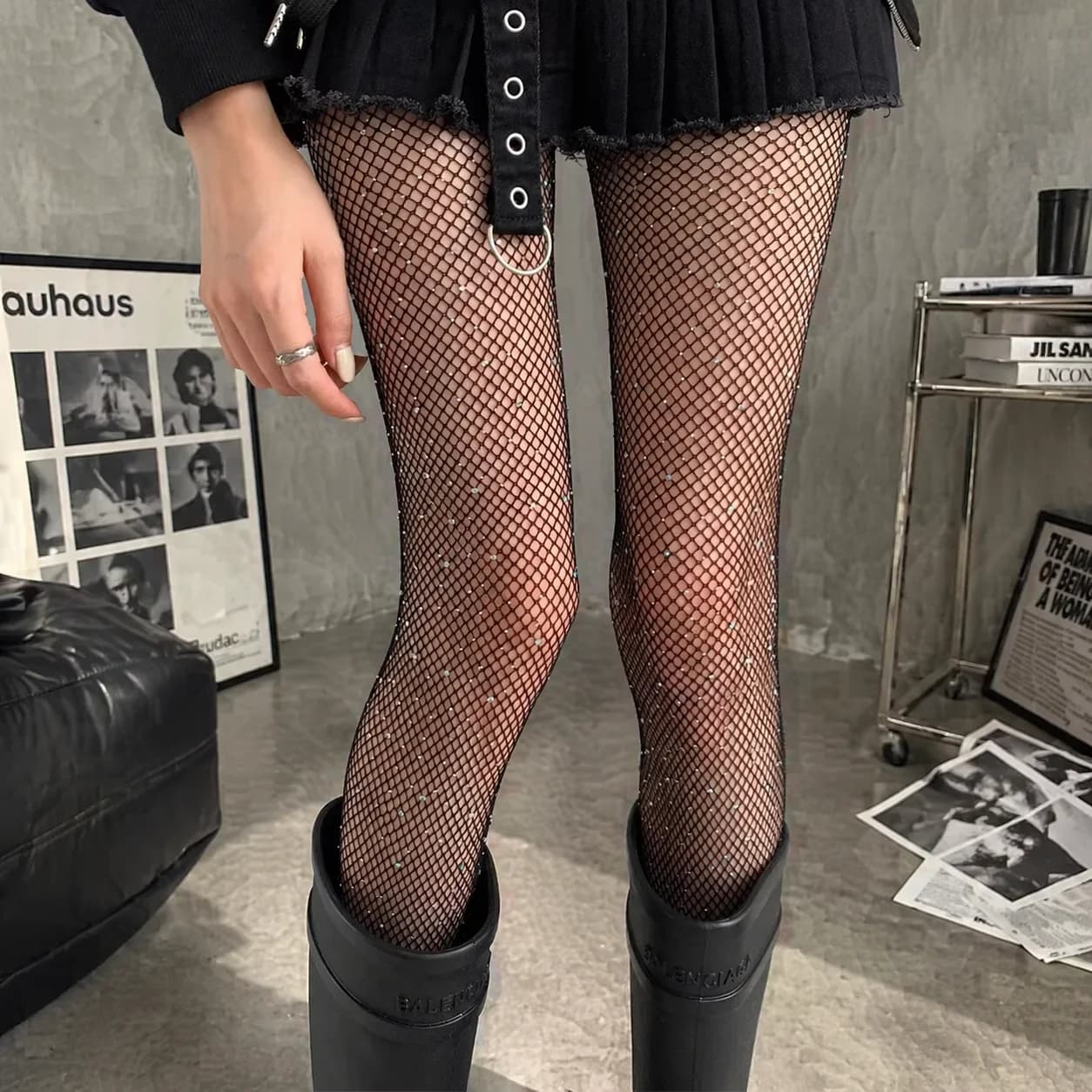 Collant a rete piccola e brillante alla moda con strass e brillantini, calze sexy nere ultra scintillanti per donna, leggings da festa