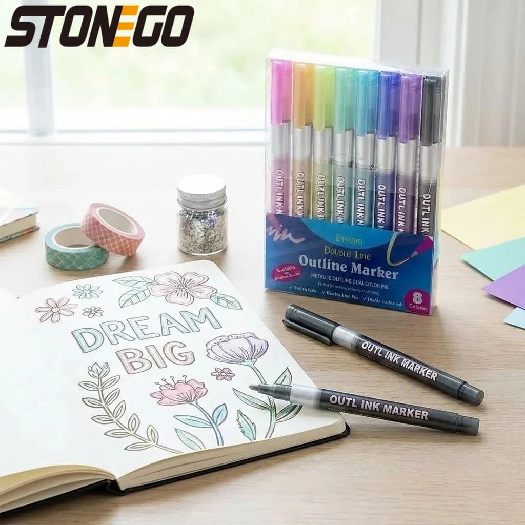 Eight Piece Metallic Marker Set Dual Tip Art Markers for Stationery Drawing Calligraphy Lettering Scrapbooking Outline Pens