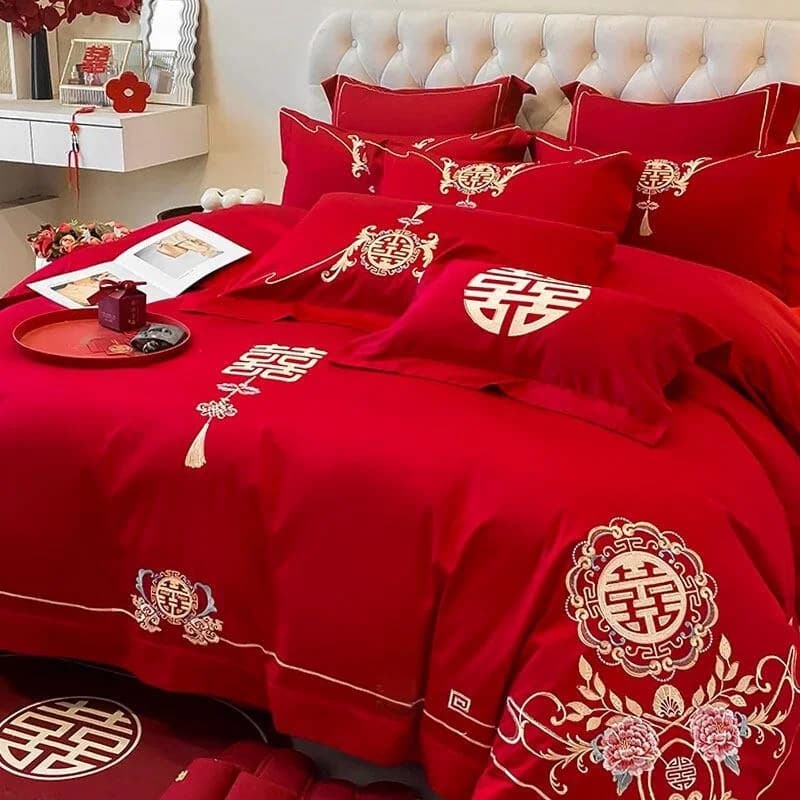 Set di Biancheria da Letto per Matrimonio Cinese, Copriletto Rosso Ricamato, Lenzuolo, Regalo per Cerimonia Nuziale, Set Quattro Pezzi