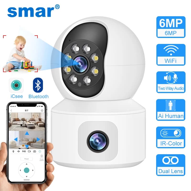 Telecamera WiFi Smar da 6 MP con doppi schermi Audio bidirezionale Baby Monitor Telecamere IP PTZ per interni Sorveglianza CCTV Sicurezza domestica ICSee