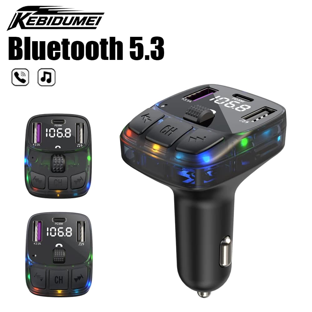 KEBIDUMEI C56 C57 Car Bluetooth Receiver BT5.3 PD30W FM Transmitter 3 Doors Car Charger Digital Display Adapter Car Accessories