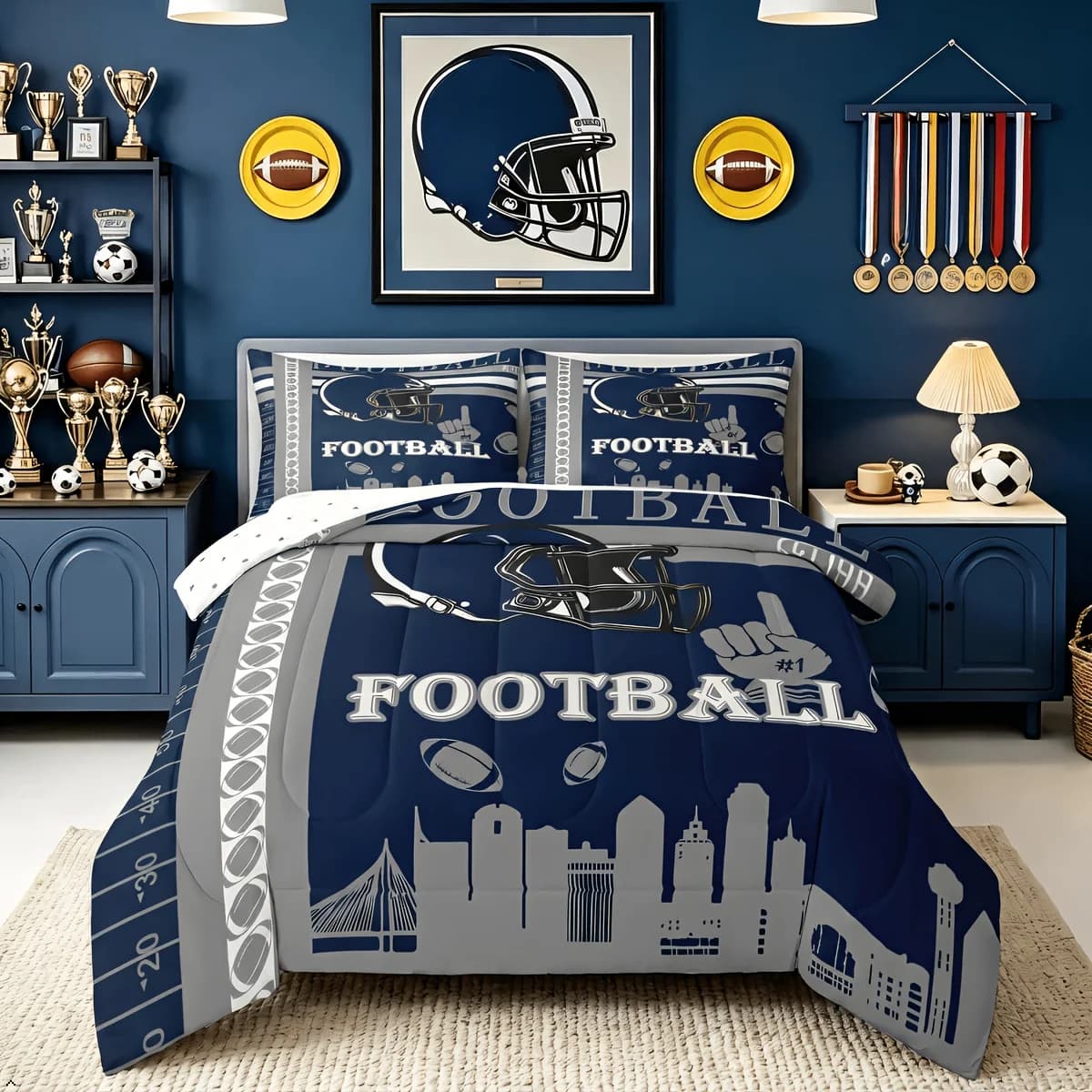 Football Themed Bedding Set - Duvet Cover With Pillowcases - Gray And Dark Blue - Soft Warm All Season Comforter