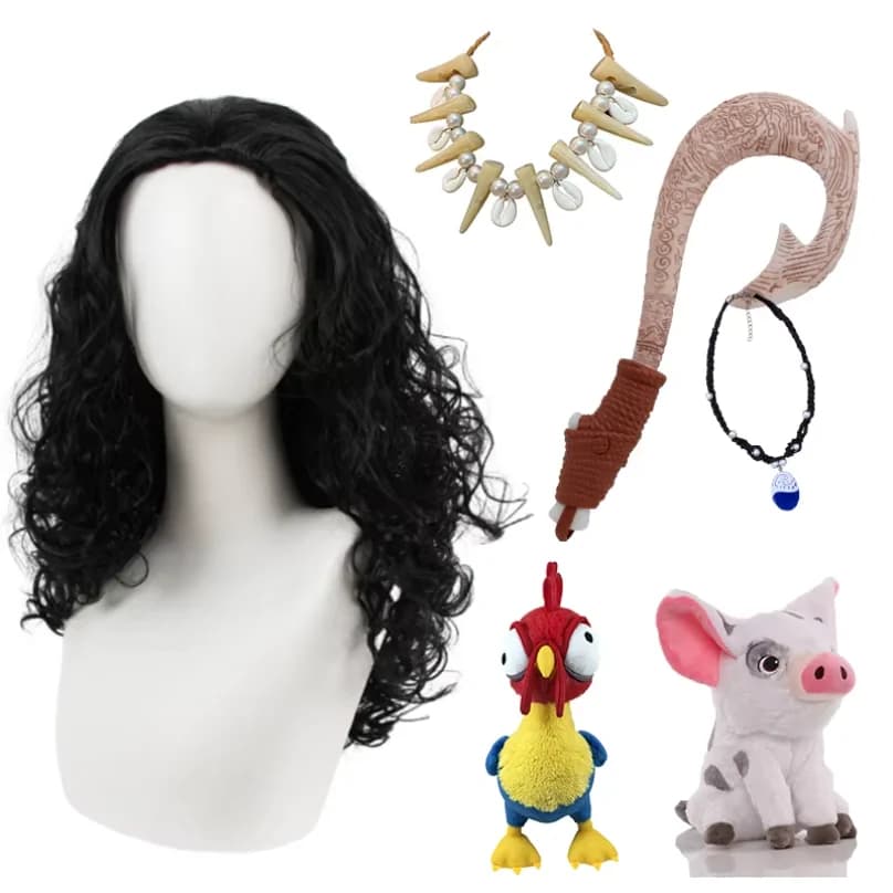 Movie Moana 1&2 Cosplay Photography Props Maui Fish Hook Wig Necklace Kit Kid Comic Con Birthday Party Role Play Accessory