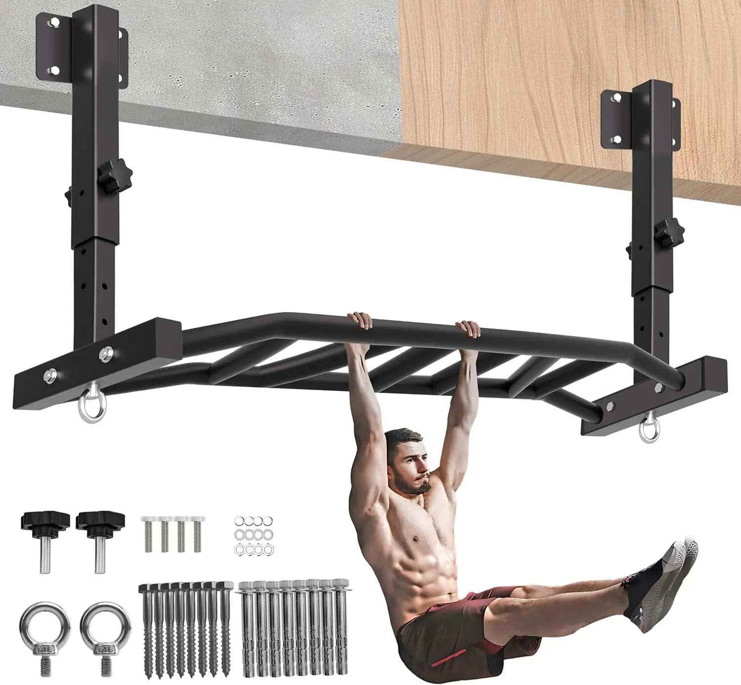 Traction bar mounted on junction 48", traction bar for ceiling mounting multi handle for heavy loads of 600 pounds, ceiling beam for home gym/garage/carton