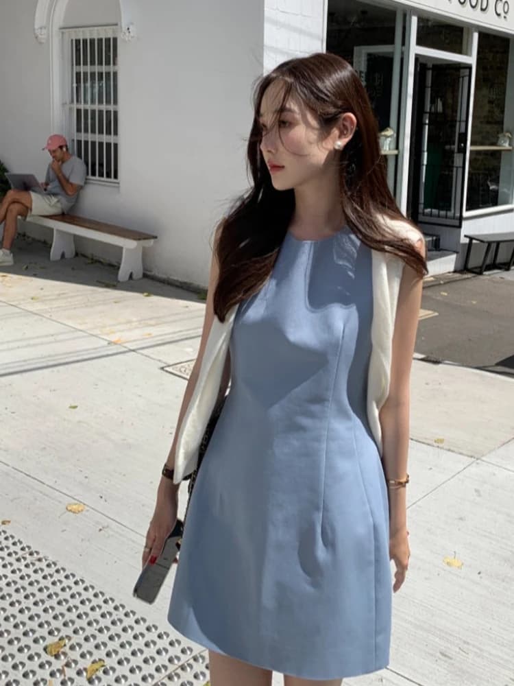 Summer Chic Sleeveless A-Line Dress Women's round Neck Slimming High Waist Short Skirt Korean Style Commute High Waist Shaping