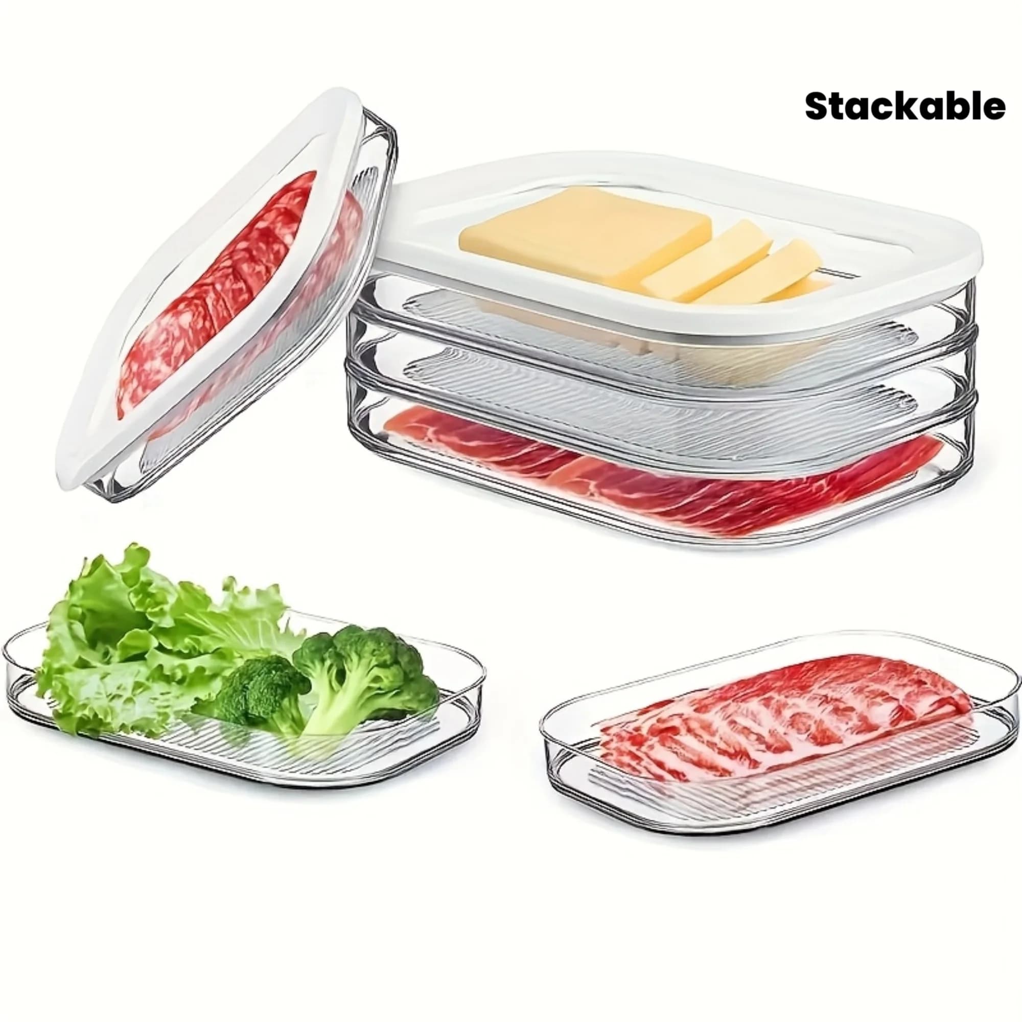 Contenitori Impilabili a 3 Livelli per Frigorifero - per Carne, Bacon, Formaggio e Salumi, Scatole per Preparazione Pasti con Coperchi