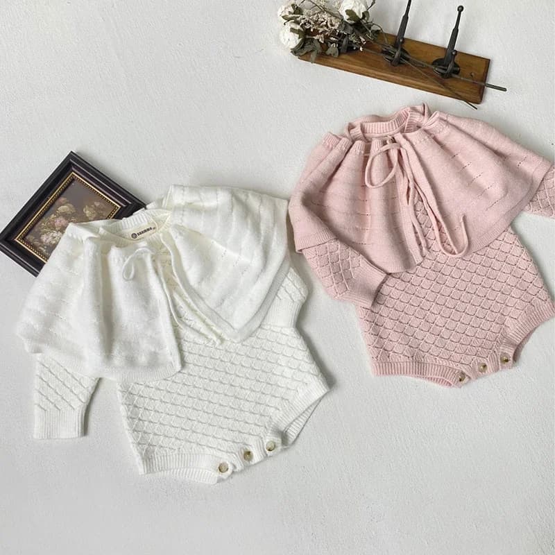 2024 New Autumn Newborn Baby Girls Bodysuits+Shawl Hollow Knitting Infant Baby Girls Knitted Jumpsuit Children Knitted Clothes
