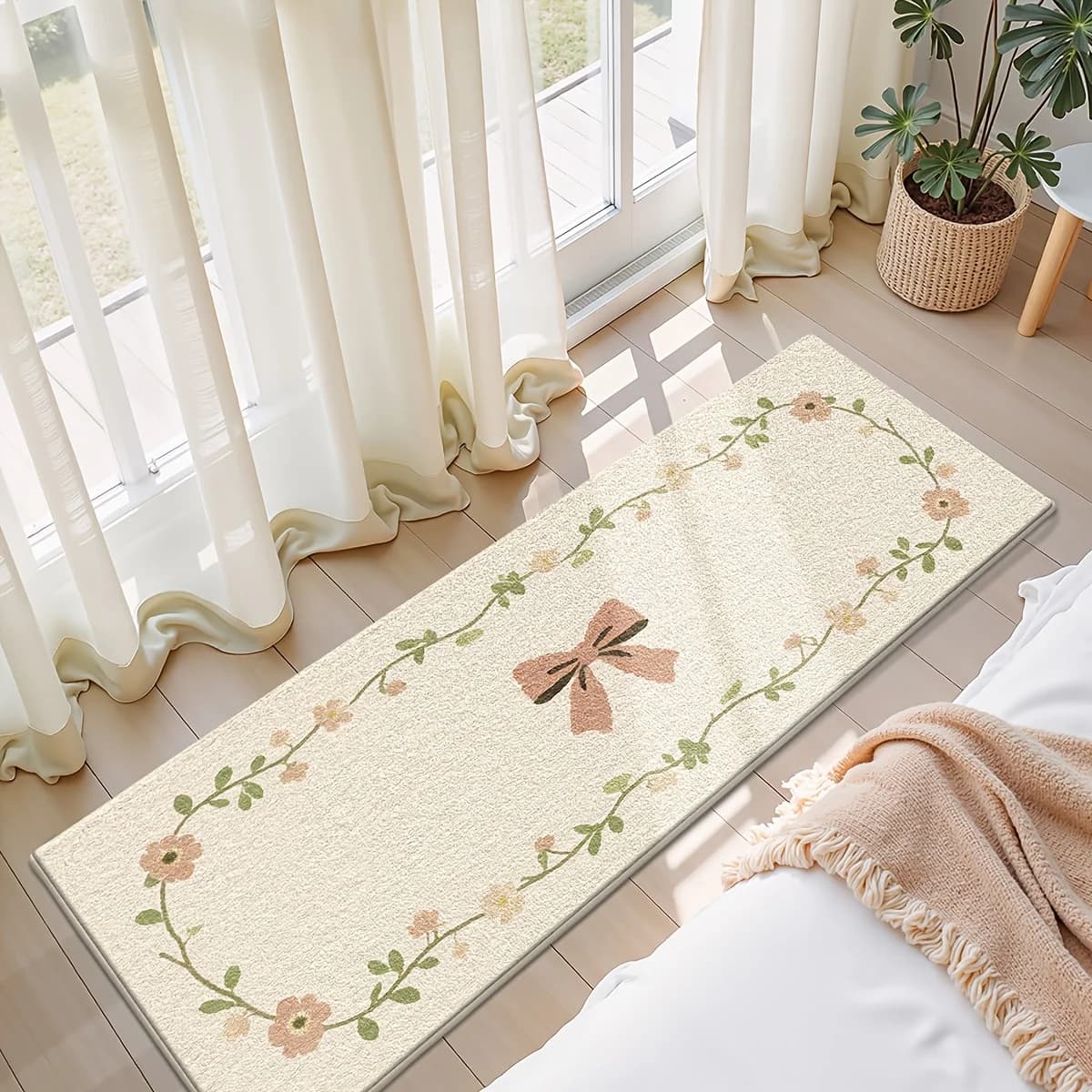 Tappeto Rettangolare, Tappeto per Camera da Letto, Tappeto Morbido; Tappeto Floreale Stampato con Fiocco per Comodino, Tappeto Decorativo per la Casa