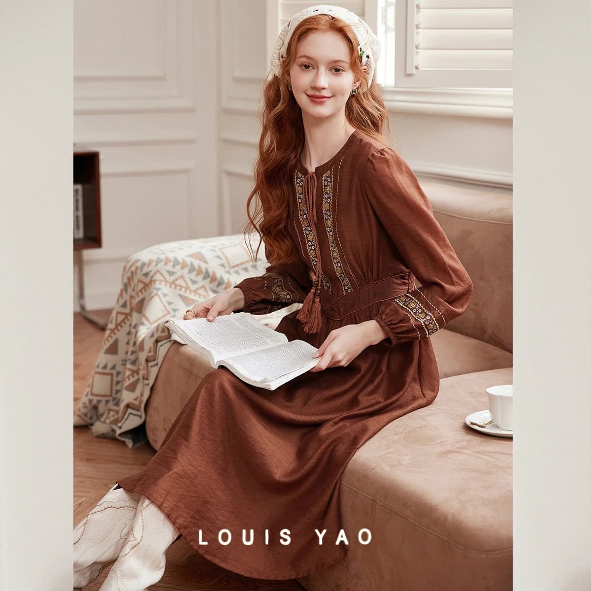 LOUIS YAO Bohemian Style Embroidered Women's Dress 2025 Autumn Long Dress Tassel Tie Straight-Shoulder Long Sleeve Dress