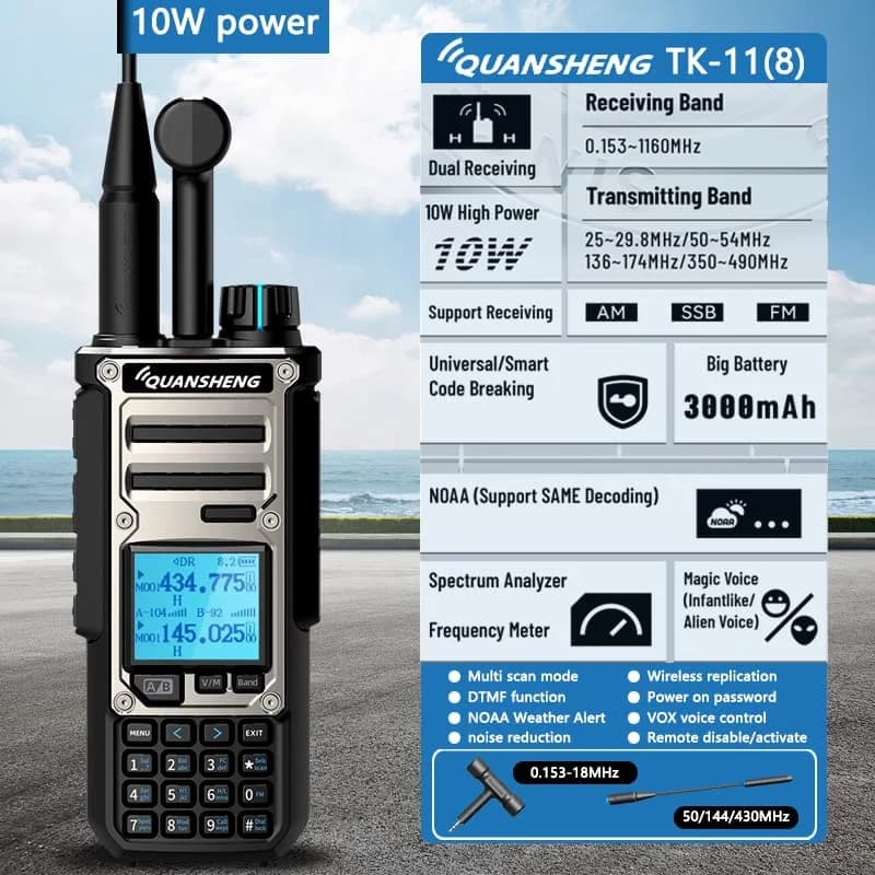 ​ Quansheng TK-11(8) 10W VHF/UHF Radio dual band 999CH CTCSS/DCS IP55 2500mAh Type-C NOAA Allarme meteorologico CE