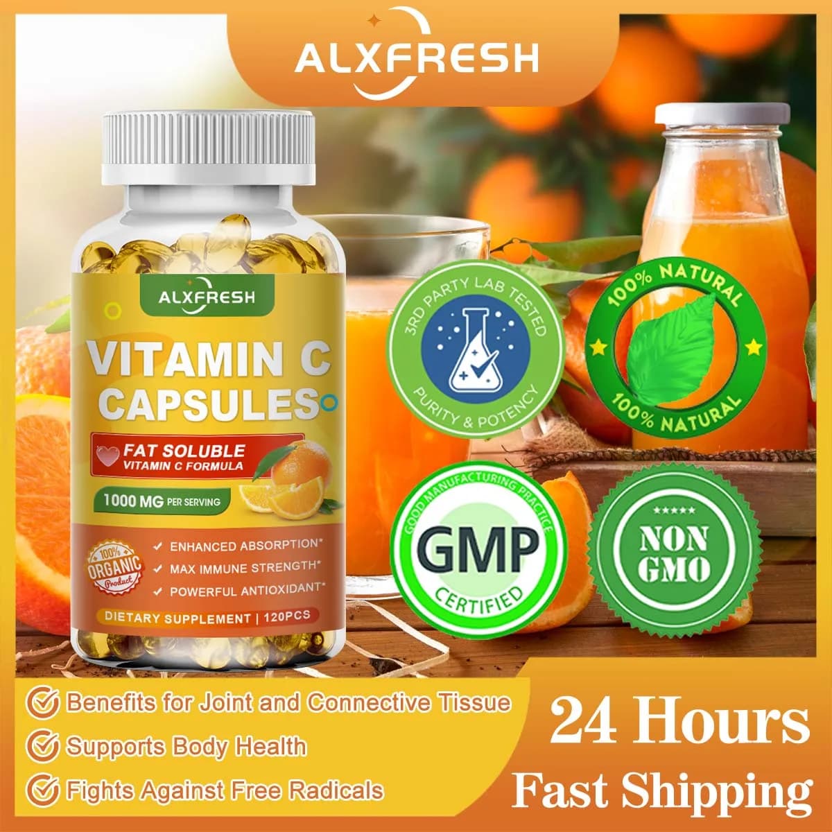 Alxfresh Vitamina C 1000mg Forte Antiossidante, Stimolatore di Collagene per Sistema Immunitario e Salute della Pelle, Integratori Nutrizionali Non-OGM