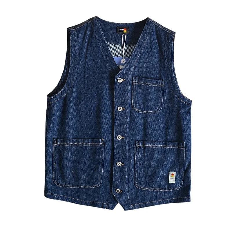 2025 New Men's Outdoor V-neck Denim Vest Multi-pocket Workwear Jacket Loose Fit Youthful Style Regular Length Single Button