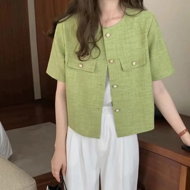 Nuovo cappotto sottile estivo verde da donna manica corta o-collo bottoni monopetto top larghi casual cardigan elegante moda coreana