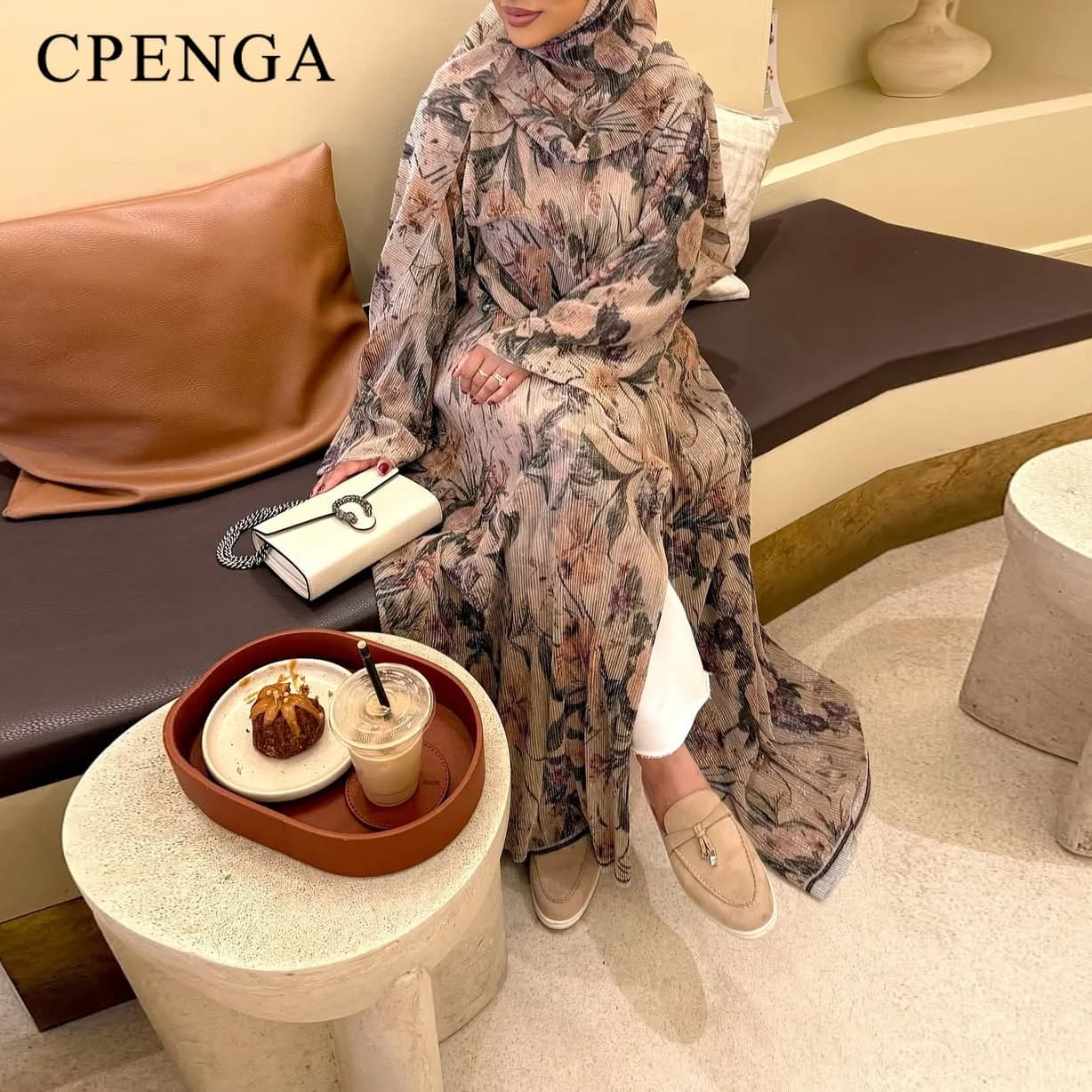 Abito Abaya Dubai stampato a pieghe Ramadan con Hijab Cardigan da donna musulmana in due pezzi Abito da vacanza islamico Caftano turco