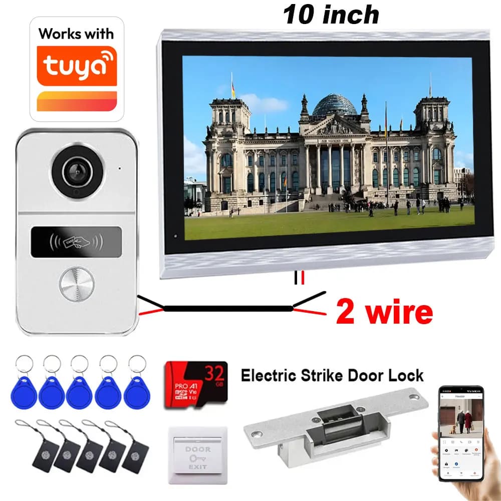 New 2 Wires Tuya Wifi Video Intercom System HD 1080P Smart Home Video Doorphone 10" Color Touch Screen with Electric Strike Lock