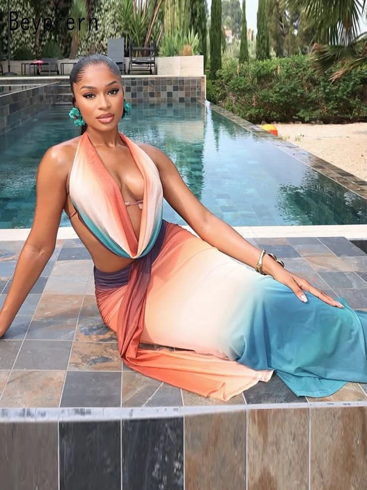 Beyprern Tropical goddess Set skirt Shadows Swimwear Holiday dresses Set short top with women's net volant and long skirt with long shoulder straps