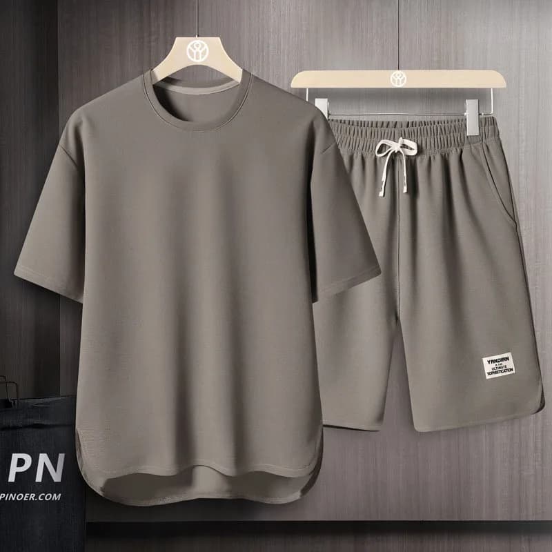 Men's Solid Color 2 Piece Outfit Set Casual Loose Short Sleeve T Shirt and Shorts
