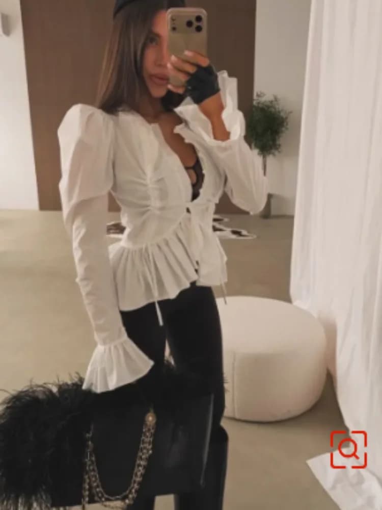Top da donna casual con maniche a lanterna plissettate, orlo irregolare con volant, abbottonatura singola e coulisse, modello cropped, per uso quotidiano