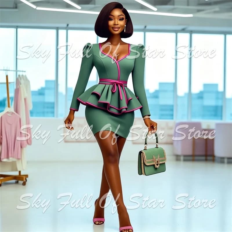 Women Suit Set 2 Pcs Puff Sleeve Peplum Blazer Fuchsia Contrast Piping Belt Pencil Skirt Custom Formal Wedding Office Lady Coat