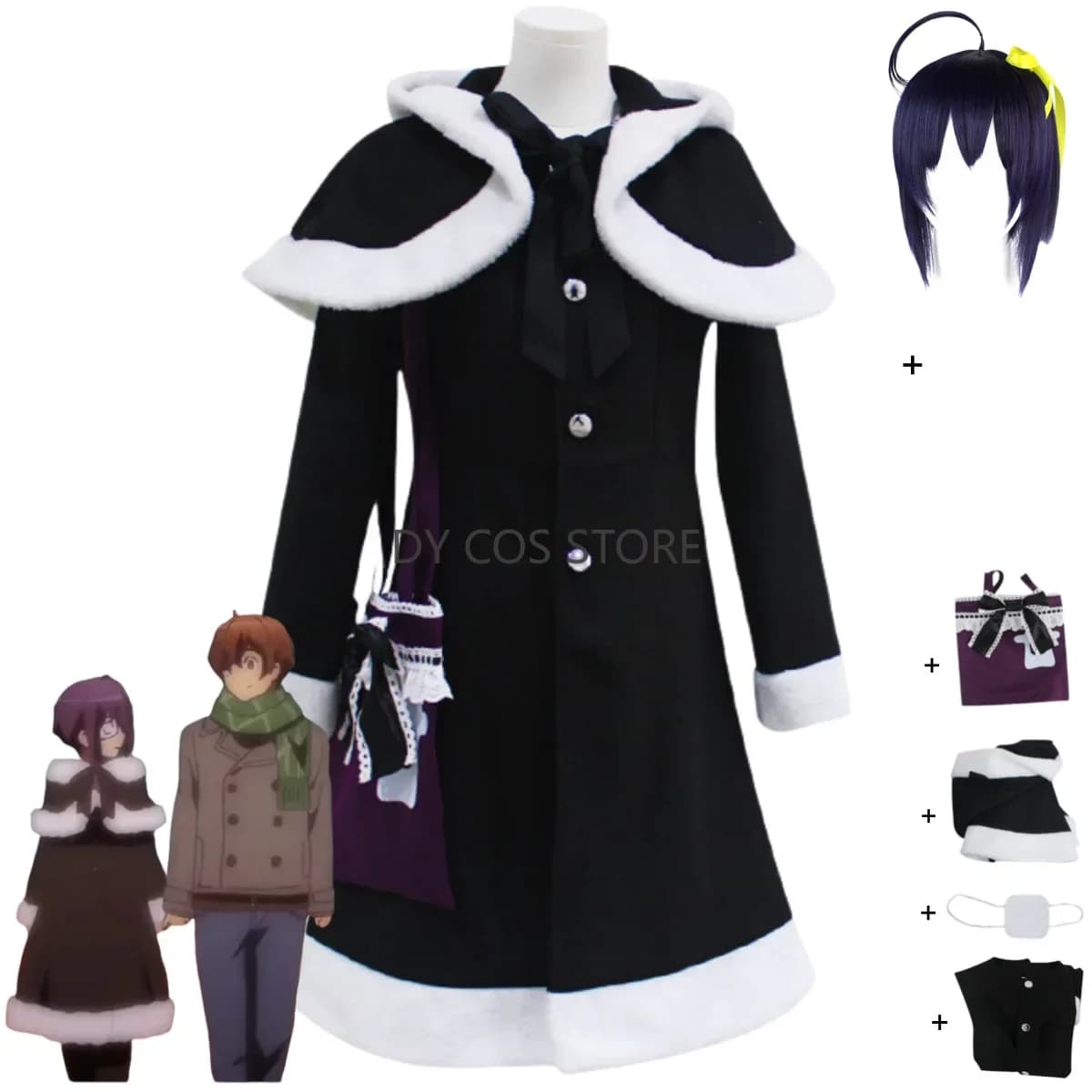 Anime Amore, Chunibyo e altri Delusioni Takanashi Rikka Costume Cosplay Black Winter Mao Coat Bag Wig Woman Cute Christmas Dress