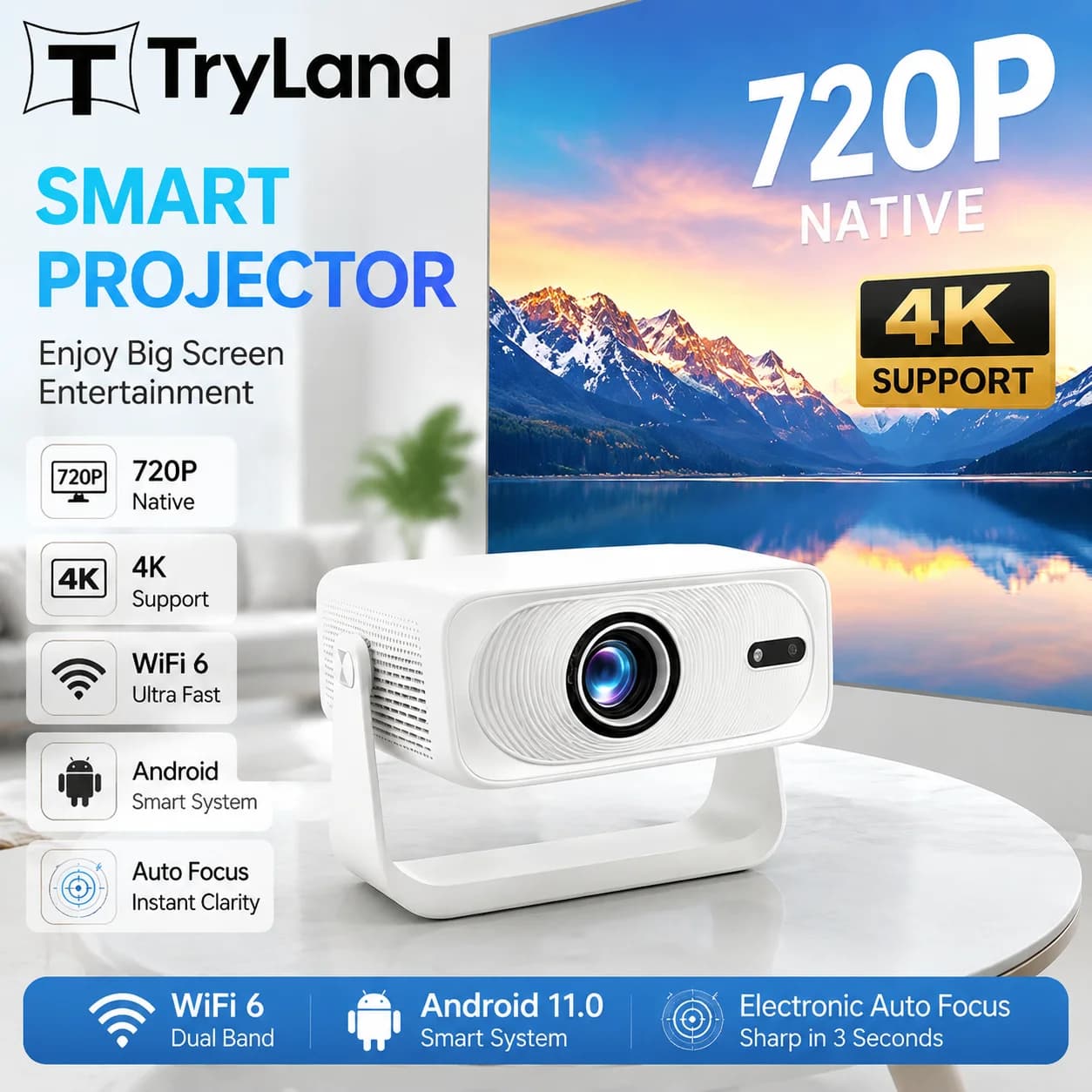 Proyector TryLand S1 Projector 1080P Native HD 400ANSI Mini Projector 4K Decode WiFi6 Bluetooth 5.2 Auto Focus Home Video