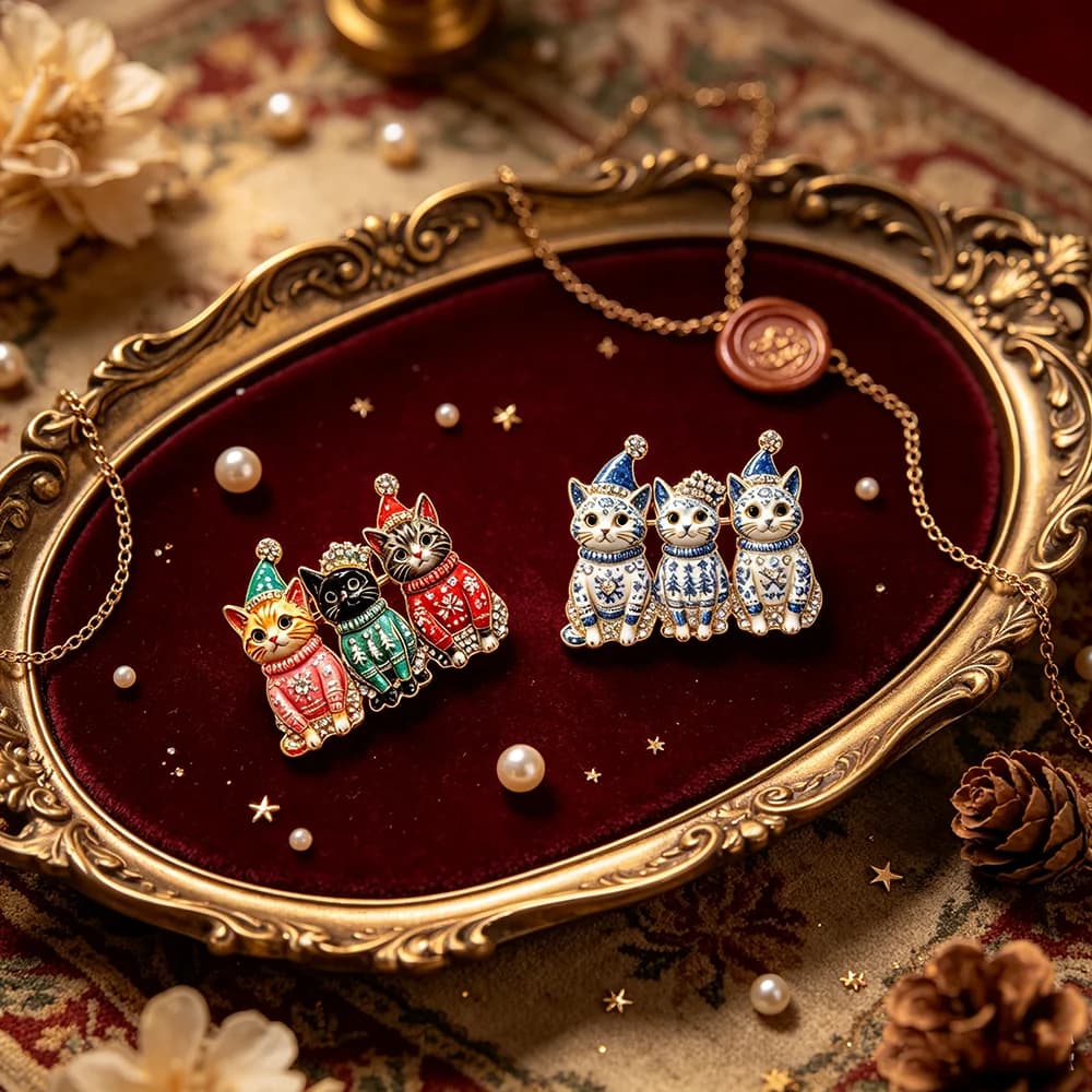 Enamel Rhinestone Three Christmas Cats Brooch Xmas Sweater Kitten Lapel Pin, Cute Animal Pin For Coat Scarf Holiday Jewelry Gift