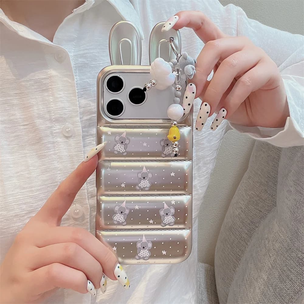 3D Bunny Ears Puffer Kawaii Phone Case For iPhone 17 Pro 16 15 14 13 16 Pro Max Shockproof Cover With koala Charm Fashion cases
