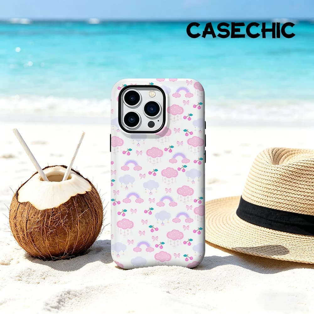 Custodia CaseChic opaca antiurto per MagSafe per iPhone 17 16 15 14 Plus Pro Max, rigida, rosa, con motivo nuvola arcobaleno