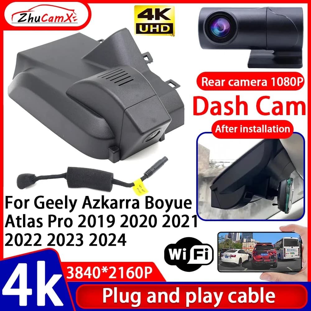 Videos Night Visio 4K UHD Plug and Play Car DVR Dash Cam for Geely Azkarra Boyue Atlas Pro 2019 2020 2021 2022 2023 2024