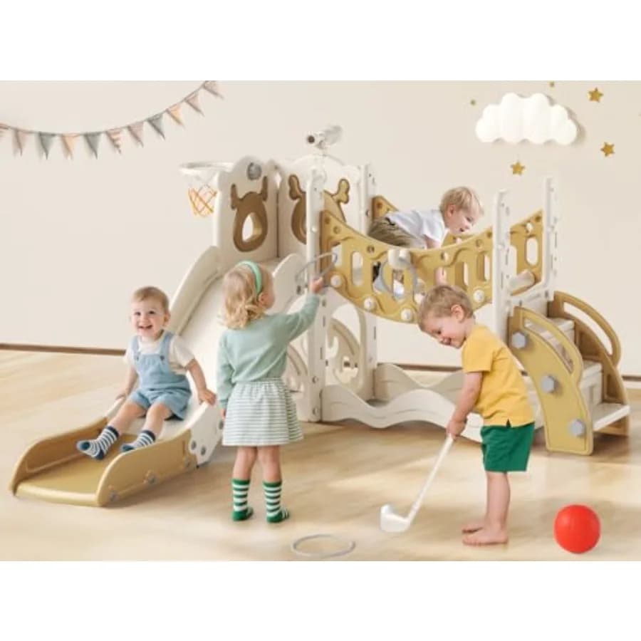 Scivolo per Bambini 10 in 1, Set da Gioco per Bambini, Nuovo Modello Aggiornato con Scivolo, Lavagna, Set da Golf, Canestro da Basket e Spazio di Stoccaggio