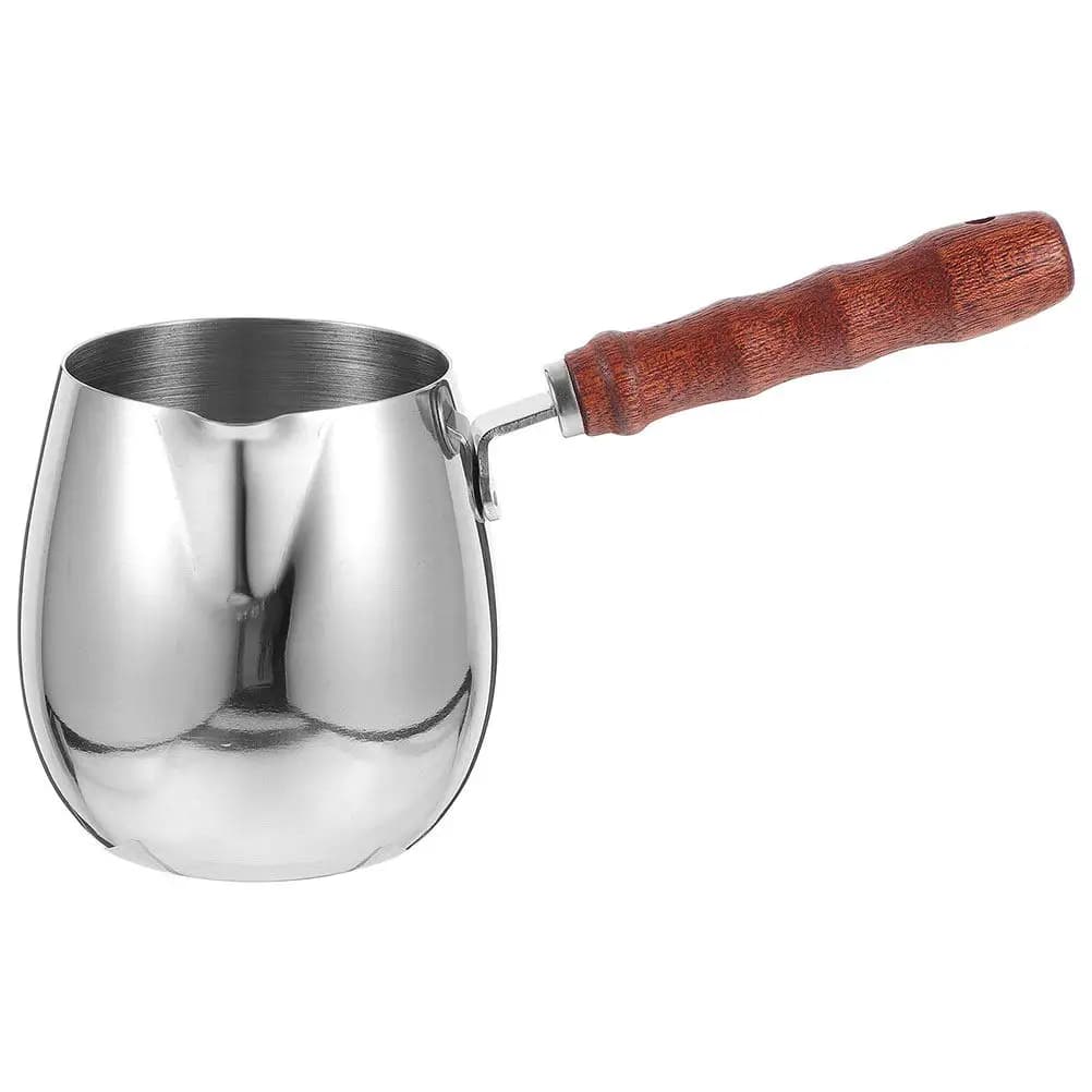 Brocca per Montare il Latte in Acciaio Inox Premium con Manico in Legno per Macchine da Espresso, Precisione nel Versamento per Latte Art, Presa Comoda