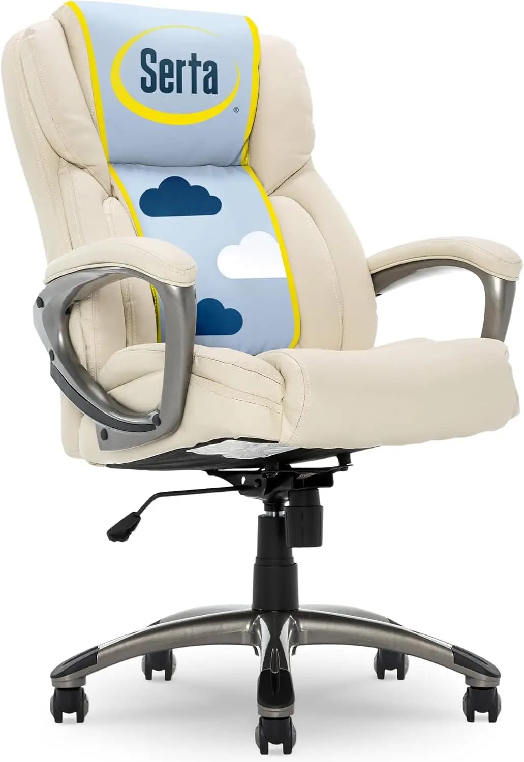 Sedia da Ufficio Ergonomica con Supporto Lombare, Cuscino Semi-Imbottito, Braccioli Imbottiti, Base Girevole in Bianco Avorio