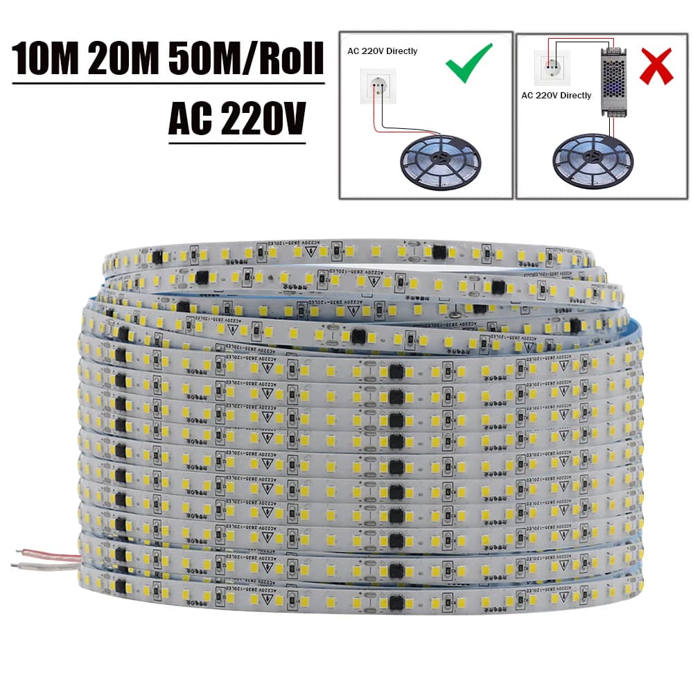 10M 20M 50M/Rotolo AC 220V 240V LED Strip No need for IP44 3000K 4000K 6000K 2835 120Leds/M Flexible ribbon with ribbon rope