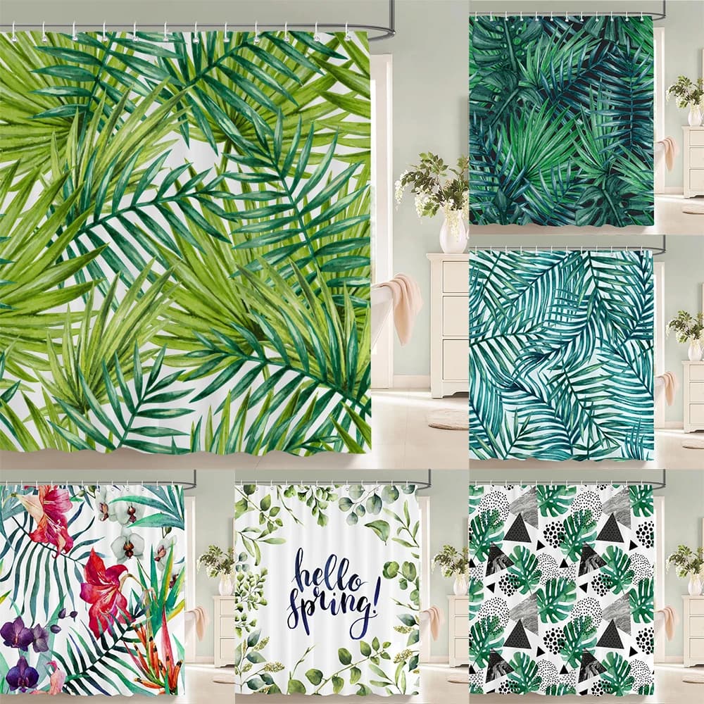 Pianta tropicale Foglie verdi Tenda da doccia Tende da bagno con ganci Monstera Palme Tessuto impermeabile Decorazione per vasca da bagno