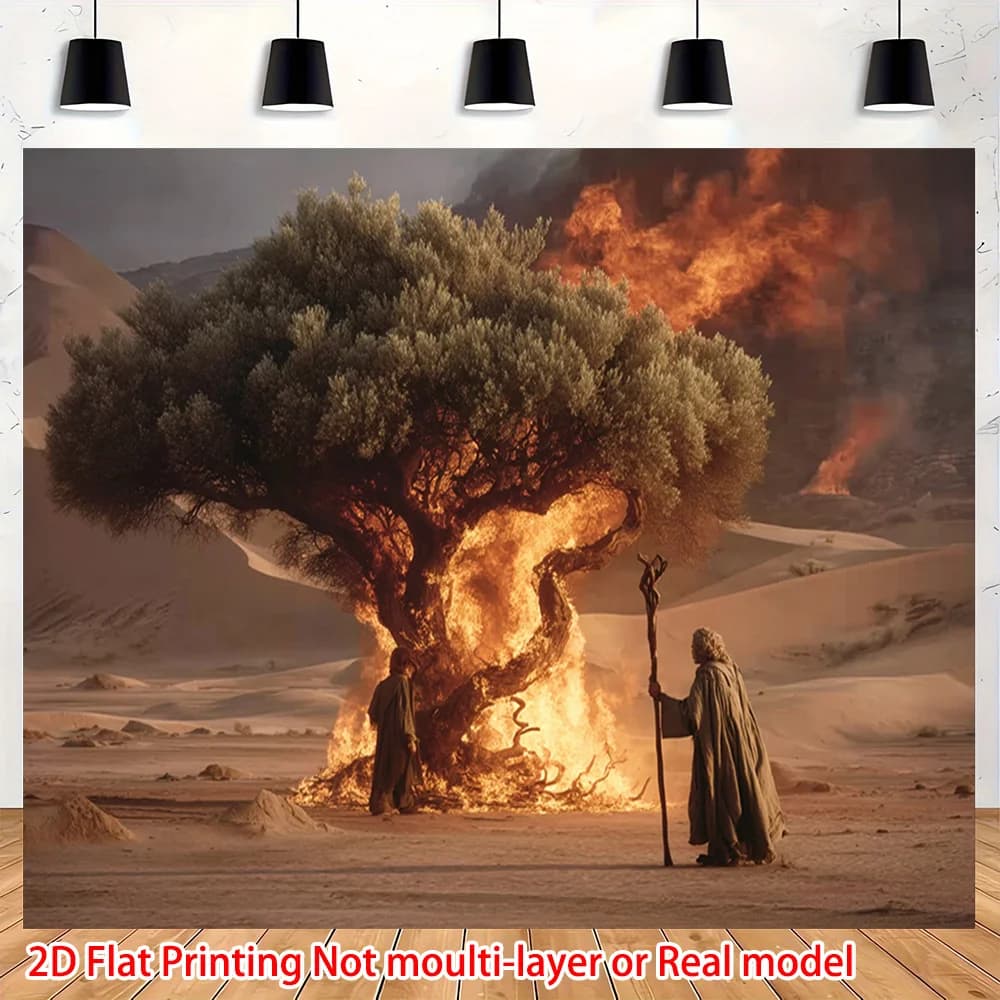 2D Flat, Burning Bush Desert Prophet Fantasy Tapestry Biblical Scene Wall Art Game Room Decor Epic Fire Tree Background Print