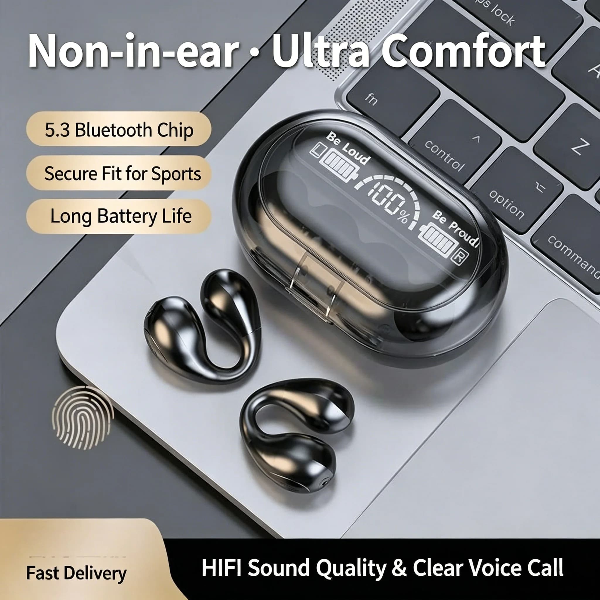 Wireless Clip-on Bluetooth Earbuds, Open-Ear Sports Headphones with Secure Fit, HiFi Sound Quality