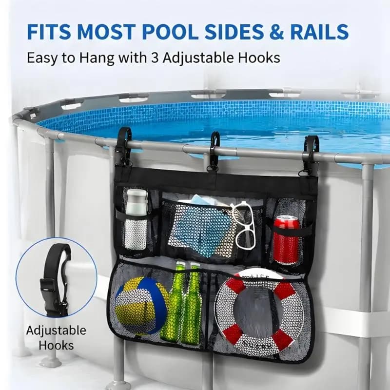 Poolside Hanging Storage Bag with Separate Pockets, Clip On Holder for Goggles, Bottles and Swim Gear Cleanup A2UB