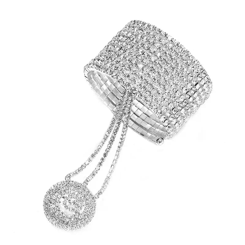 1 Pezzo Bracciale Multistrato in Lega con Strass Imitazione, Anello Integrato a Forma di Mano e Dito, Gioiello da Donna per Matrimonio e Sposa