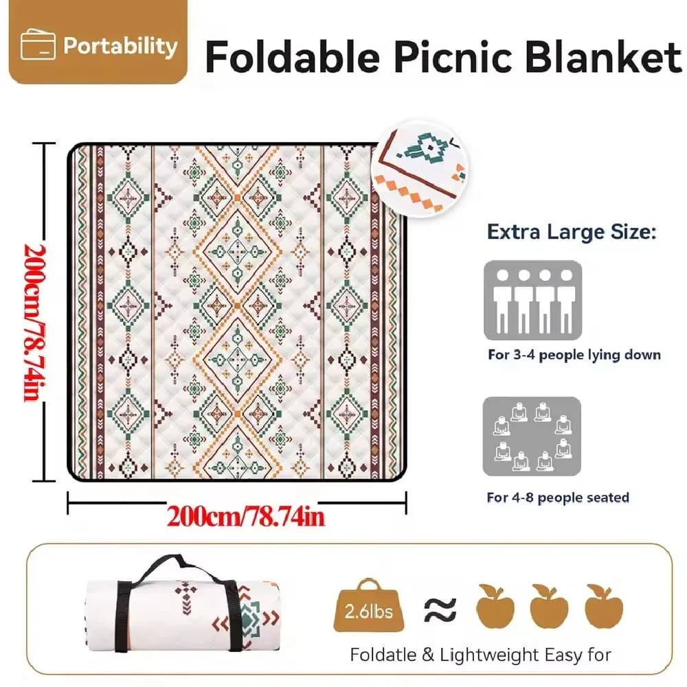Waterproof Picnic Blanket 200x200cm Outdoor Beach Camping Mat Foldable Portable with Handle Oxford Cloth Bottom Washable