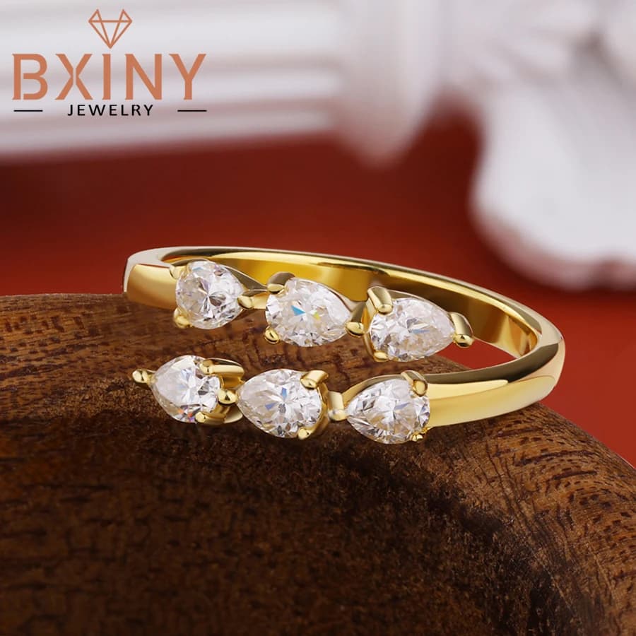 BXINY Water Drop All Rings Moissanite 100% S925 Silver Double Row Pear Cut Diamond Open Ring for Women Wedding Gift Fine Jewelry