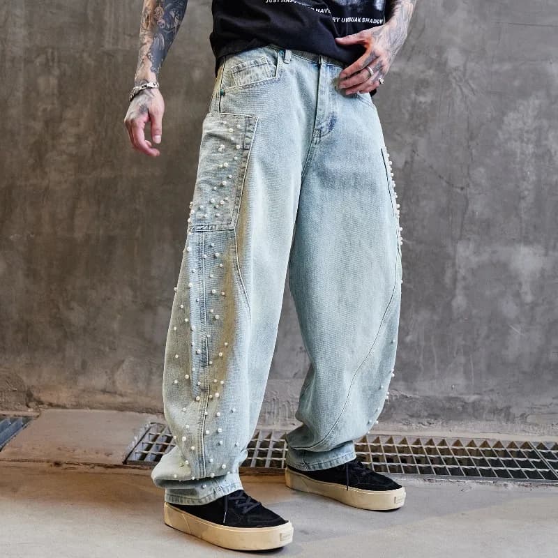 Perline Jeans larghi Uomo Streetwear Moda Hip Hop Allentato Casual Gamba larga Denim Cargo Jeans Pantaloni Donna Y2k Harem Jeans Pantaloni