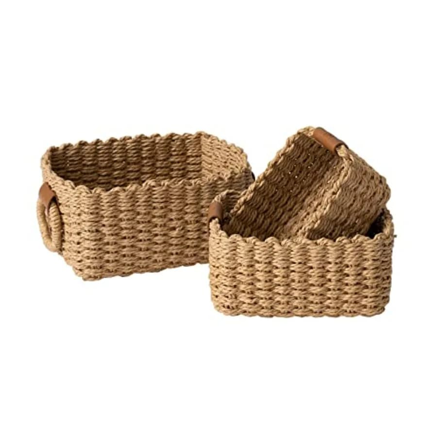 Cestini in vimini piccoli per organizzare, contenitori portaoggetti in corda di carta riciclata per scaffali, bagno, armadietti, cassetti, D