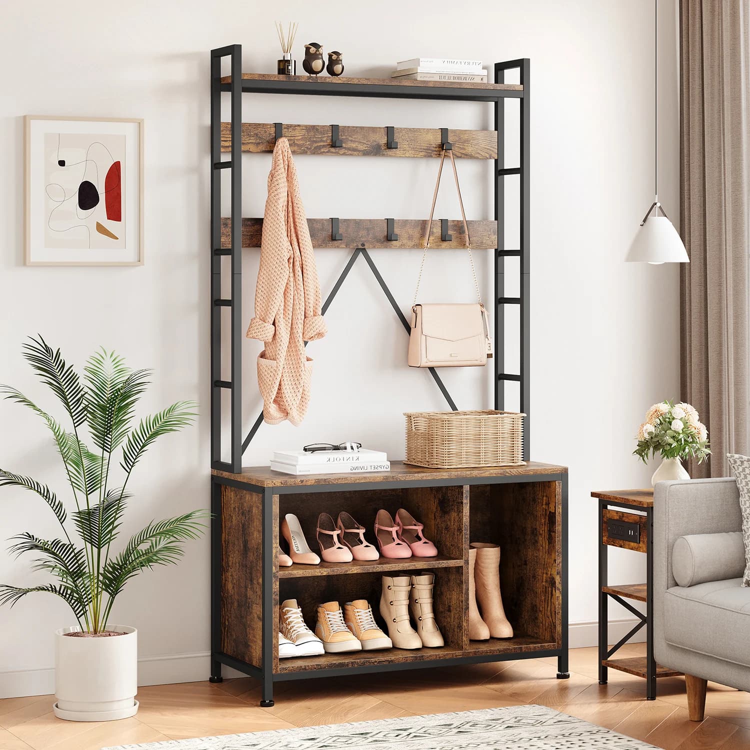 Albero da ingresso con appendiabiti da banco, panca per scarpe da ingresso da 36,41 pollici con ganci, ripiano superiore, organizer autoportante 5 in 1