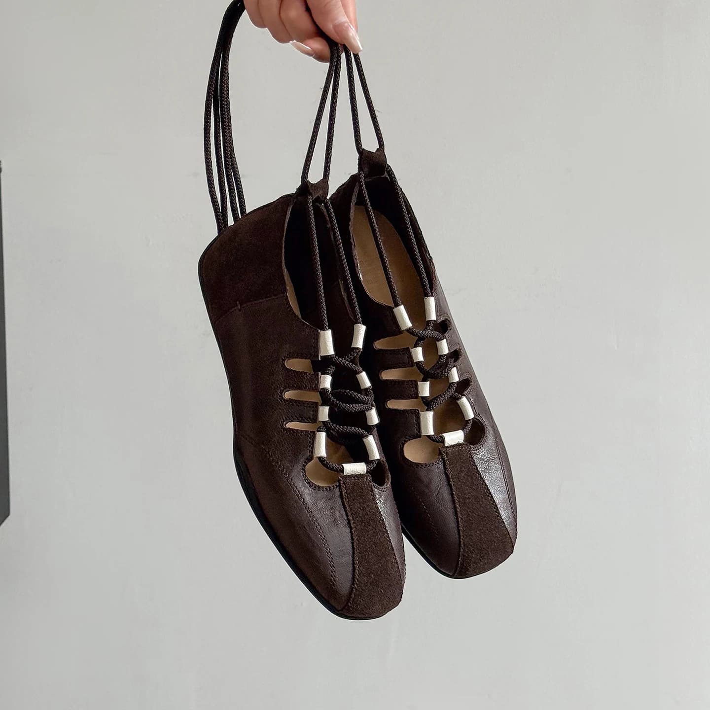 Genuine Leather Sheepskin +Cowhide Women's Shoes,Narrow Band Ankle Strap Lace-Up Ballet Flats