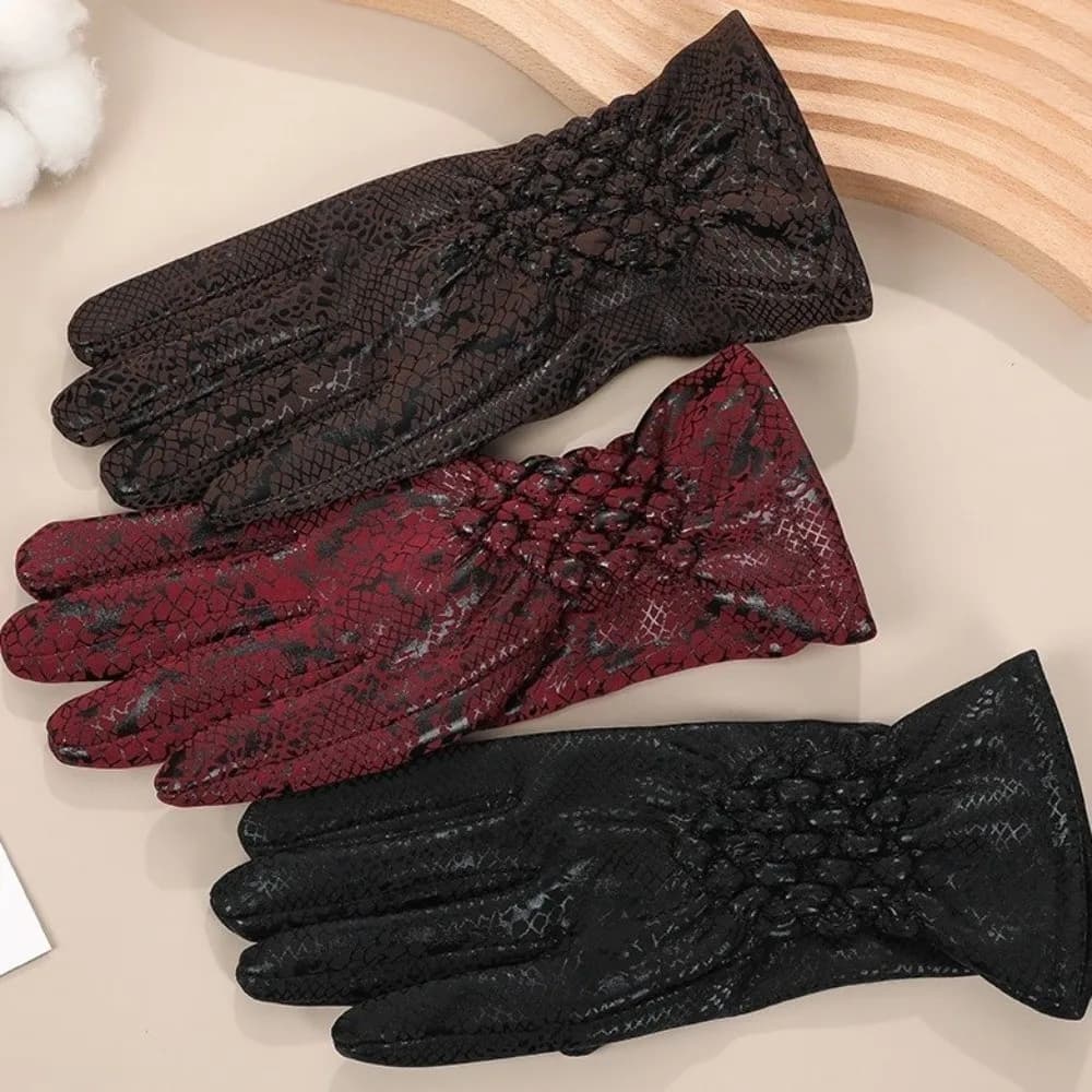 Breathable Faux Leather Full Finger Gloves Snake Skin Patterned Waterproof Winter Gloves Warm Windproof Ski Gloves Driving