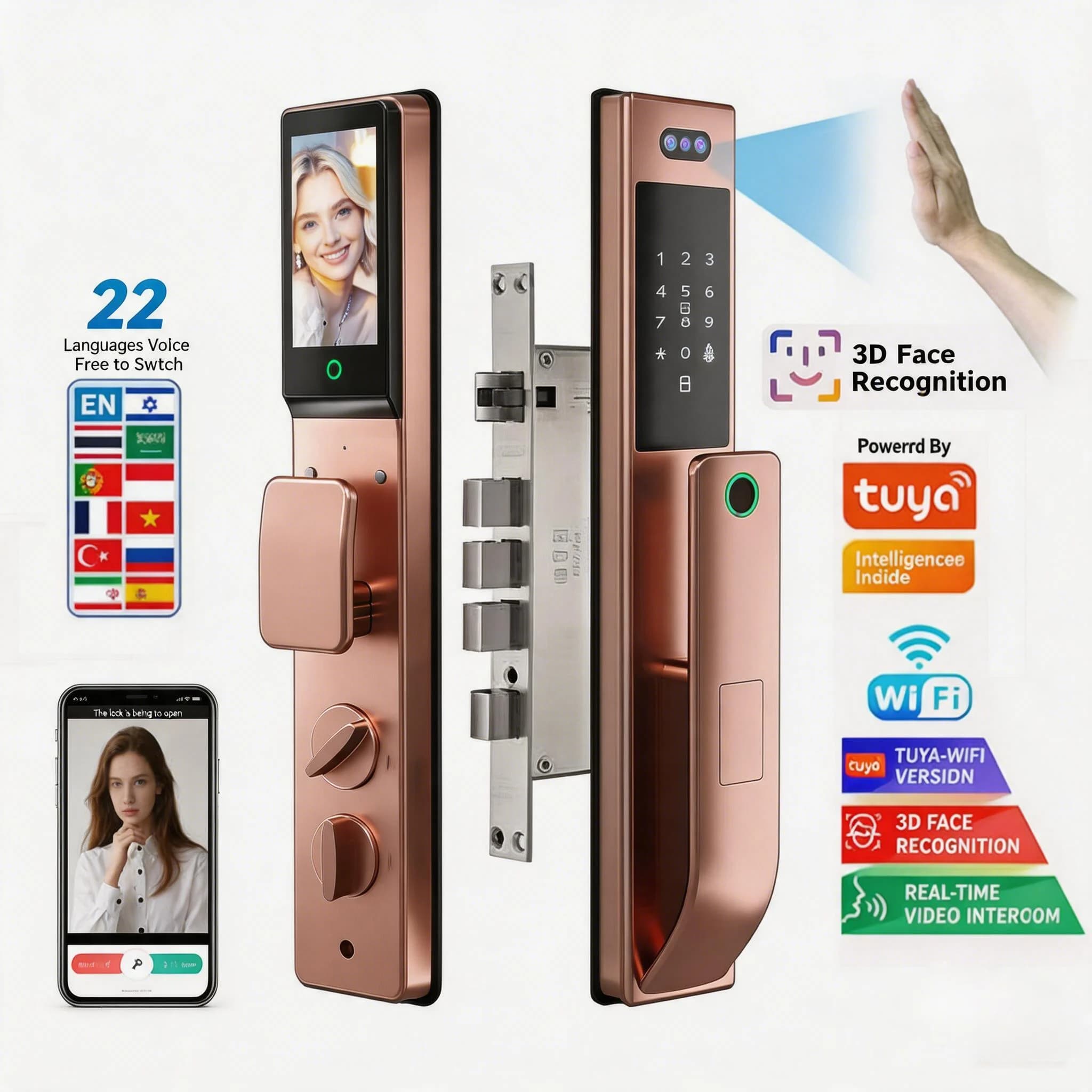 3D Face Recognition Smart Door Lock Tuya WiFi Automatic Palm Vein Lock with HD Camera Video Doorbell for Home