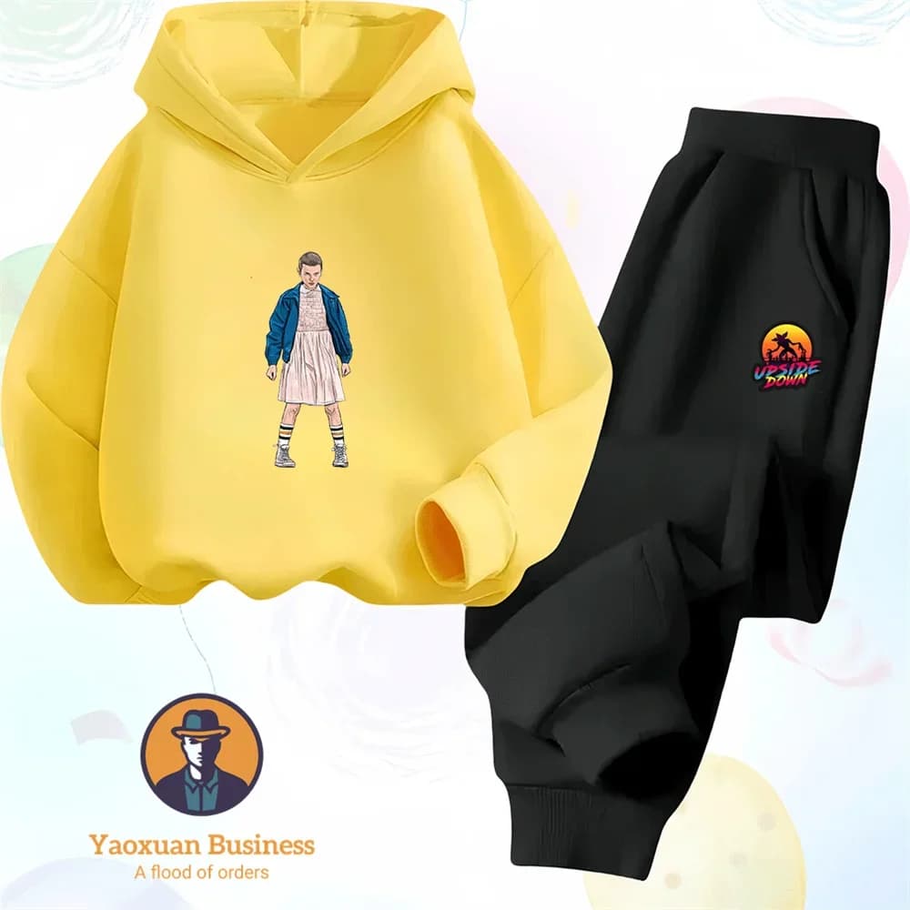 Set Felpa con Cappuccio in Puro Cotone Comodo e Casual con Stampa Stranger Things, Completo Autunno Inverno per Studenti